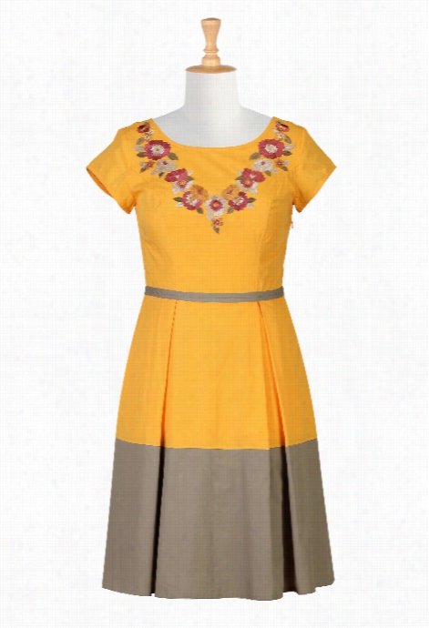 Eshakti Women's Floral Embellished Colorblock Poplin Dress