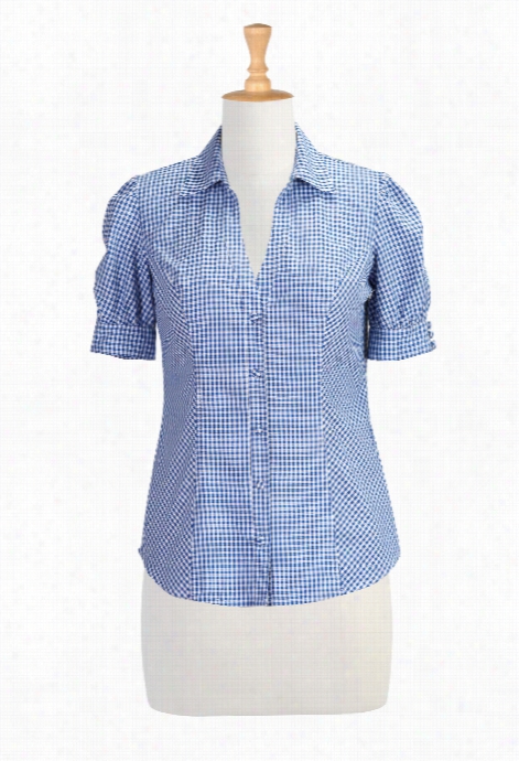 Eshakti Women's Gingham Check Puffed Sleeve Shirt