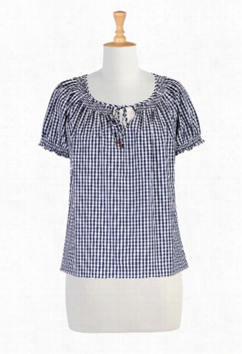 Eshakti Women's Gingham Check Peasant Blouse