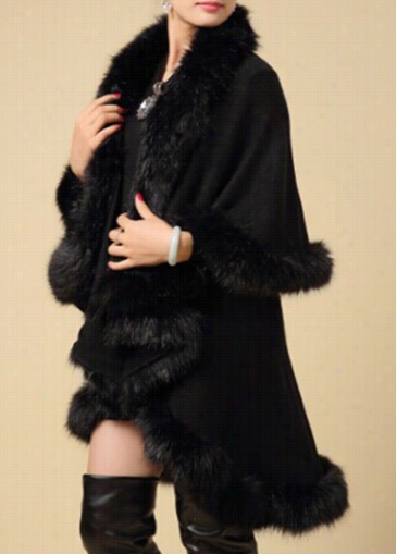 Artificial Fur Edcorated Black Cloak Coat