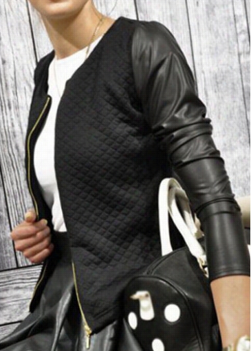 Artific Ial Leather Patchwork Zipper Closure Jacket