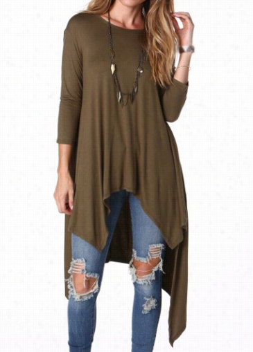 Asymmetric Army Green Long Sleeve T Shirt