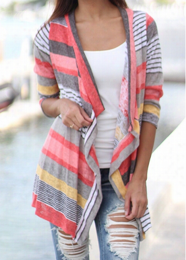 Asymmetric Hem Stripe Print Long Cardigans