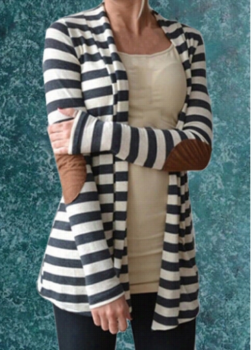 Black And White Striped Long  Sleeve Cardigan