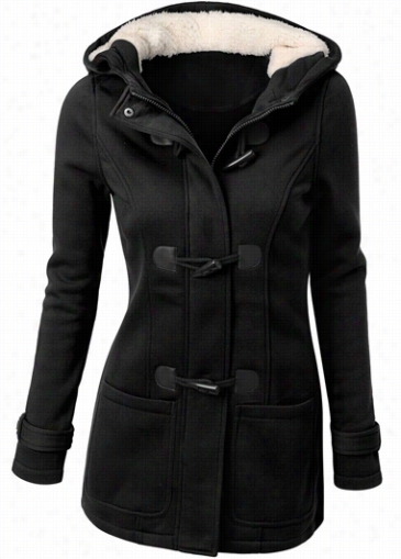 Balck Hooded Collar Singel Breasted  Coat