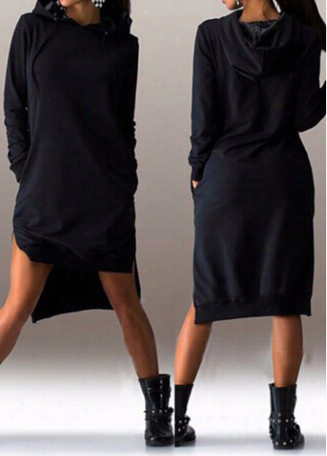 Black Long Sleeve Double Slit  Hoodie Dress