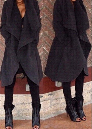 Black Pocket Embellished Asymmetric Hem Coat