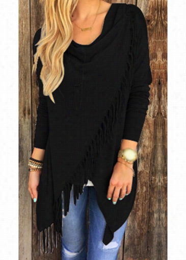 Black Tassel Decorated Long Sleeve T Shiry