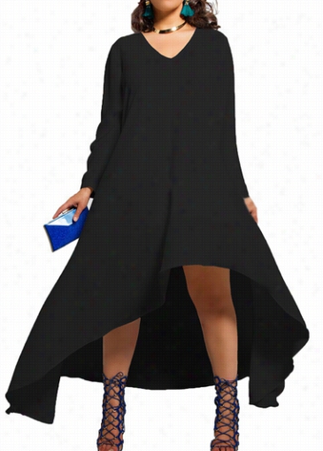 Black V Neck Asymmetric Hem Maxi Dress