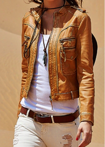 Brown Zipper Closure Long Sleeve Jacket