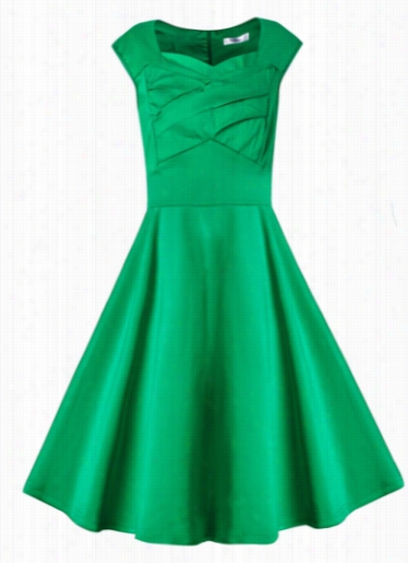 Dark Green Cap Sleevd Flare Dress