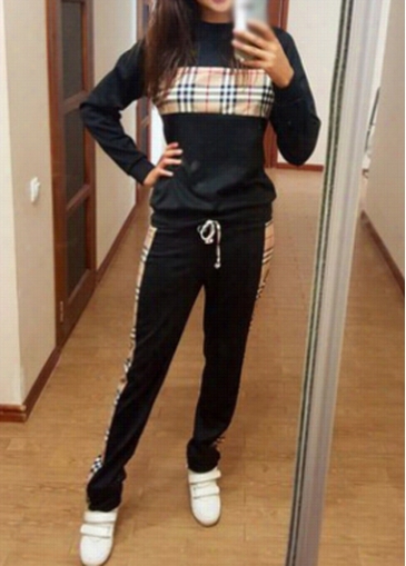 Drawstring Waist Plaid Pattern Sweats Suit