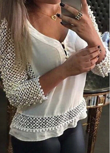 Faux Pearl Ddecorated V Neck White Blouse