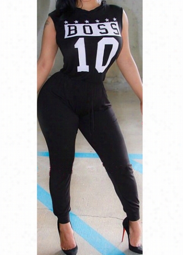 Letter Pattern Black Skinny Hooded Jumpsuit