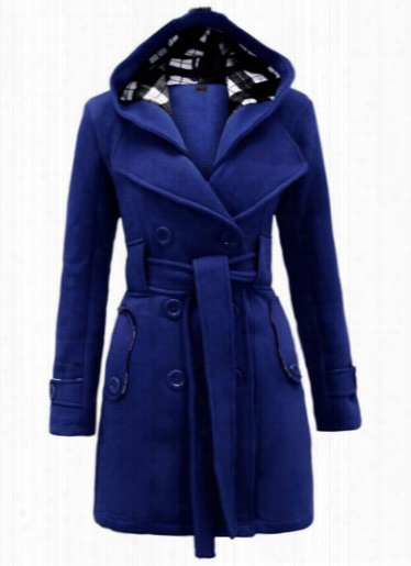 Long Slleeve Belted Hooded Collar Blue Coat