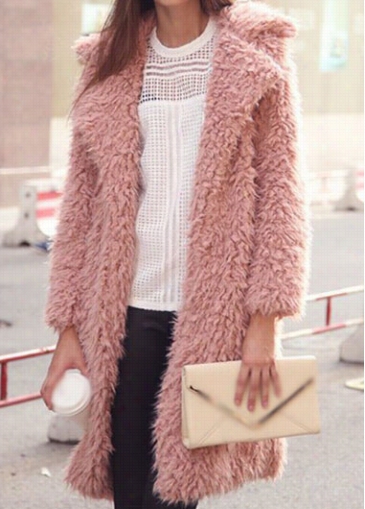 Long Sleeve Pibk Fauux Fur Long Coat