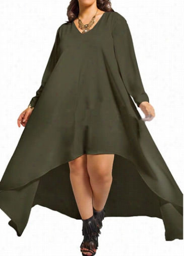 Long Sleeve V Neck High Low Dress