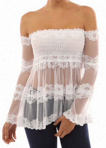 Long Sleeve White Open Back Lace Blouse