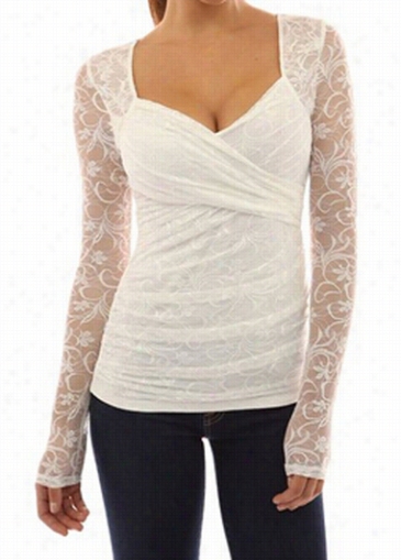 Long Sleeve White Wrap Lace Blouse