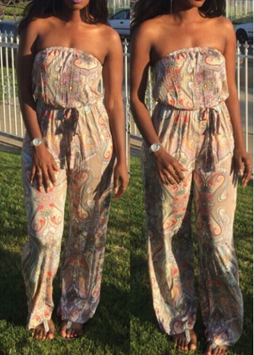 Unenclosed Back Printed High Waist Loose Jumpsuit