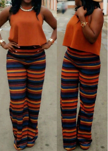 Orange  Sleeveless Ta Nk Top  And Printed  Pants