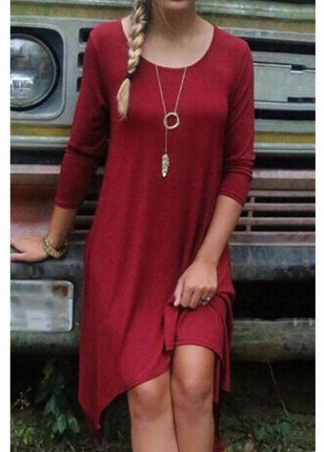 Round Neck Wine Red Knee Length Dress