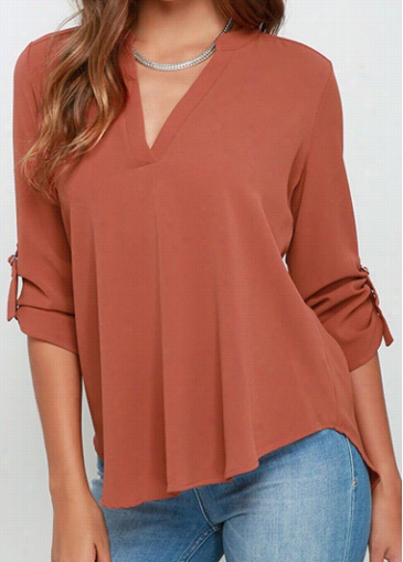 Rust Long Sleeve V Neck Chiffon Shirt