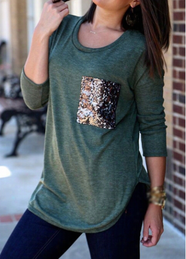 Sequin Decorated Round Neck Dark Green T Shirt