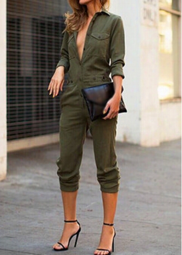 Army Green  Butotn Closure Turndown Collar Jumpsuit