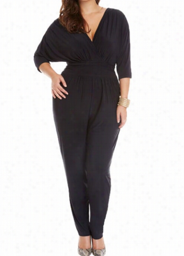 Black Batwing Sleeve V Neck Jumpsuit