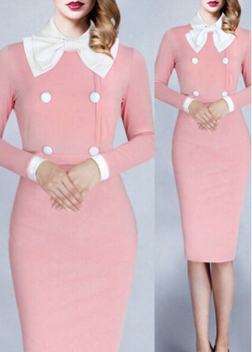 Bowknot Decorated Pink Knee Length Dress