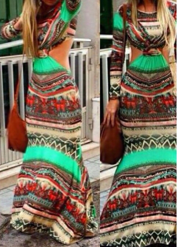 Cutout Design Long Sleeve Tribal Print Maxi Dress