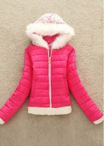 Faux  Fur Decorated Hooded Collar Pink Padded Coa