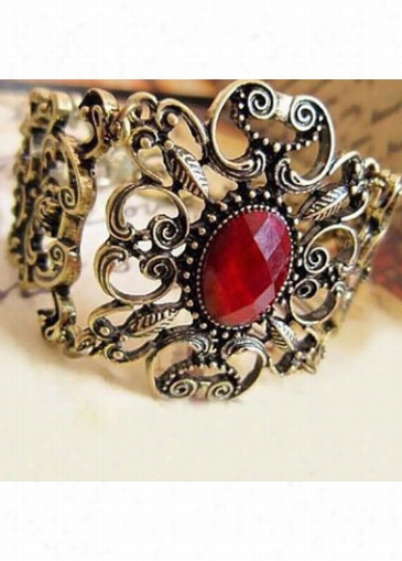 Faux Ruby Embellished Vintage Metal Bracelet