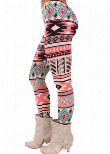 Geometric Print Pink Ankle Length Leggings