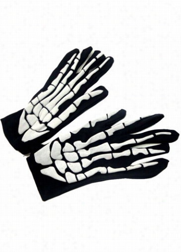 Halloweenn White Bone Pattern Black Gloves