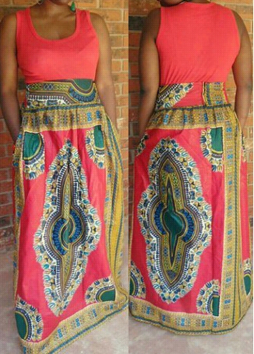 High Waist Sleeveless Tribal Print Maxi Dress
