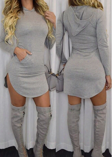 Hooded Collar Long Sleve Grey Curved Dress