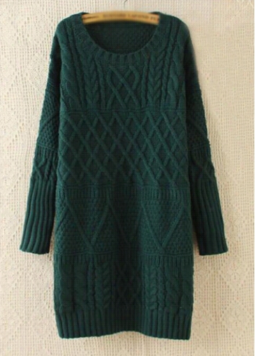 Extended  Sleeve Cable Knitting Dark Flourishing Sweater Dress