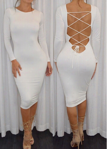 Long Sleev E Lace Up White Bodcon Dress