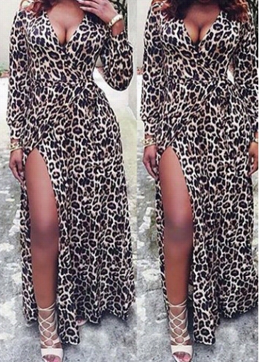 Long Sleeve Leopard Print Maxi Dresss