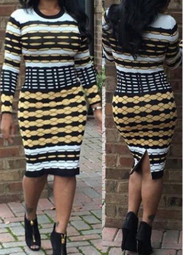 Long Sleeve Printed Knee Elngth Dress