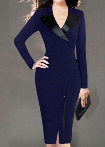 Navy Blue Long Sleeve Knee Length Dress