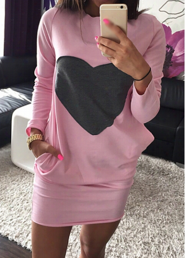 Pink Long Sleeve  Heart Pattern Dress
