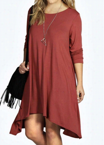 Plus Size Long Sleeve Rust Asymmetric D Ress