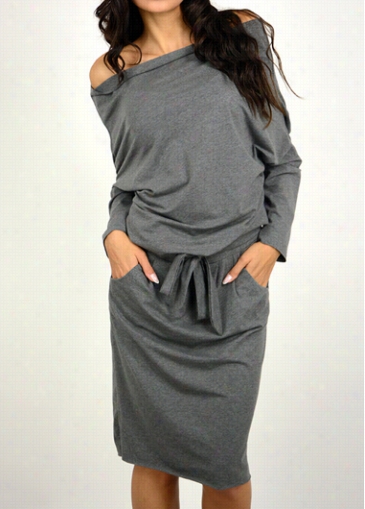 Pocket Decorated Long Sleeve Grey Dress