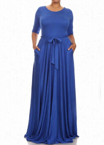 Pocket Design Blue Round Neck Maxi Dress