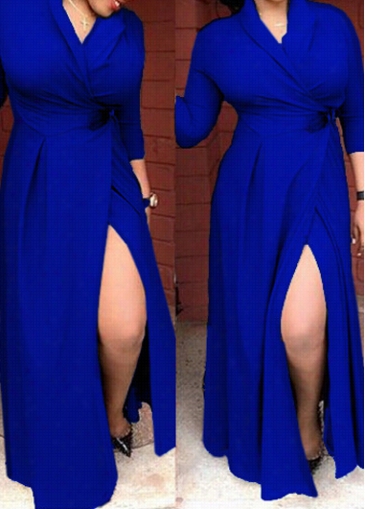 Three Quarter Sleeve Royal Blue Maxi Dress