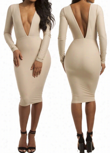 V Ndck Long Sleeve Beige Sheath Dress