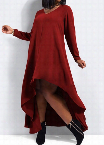 V Neck Wine Red High Low Dress